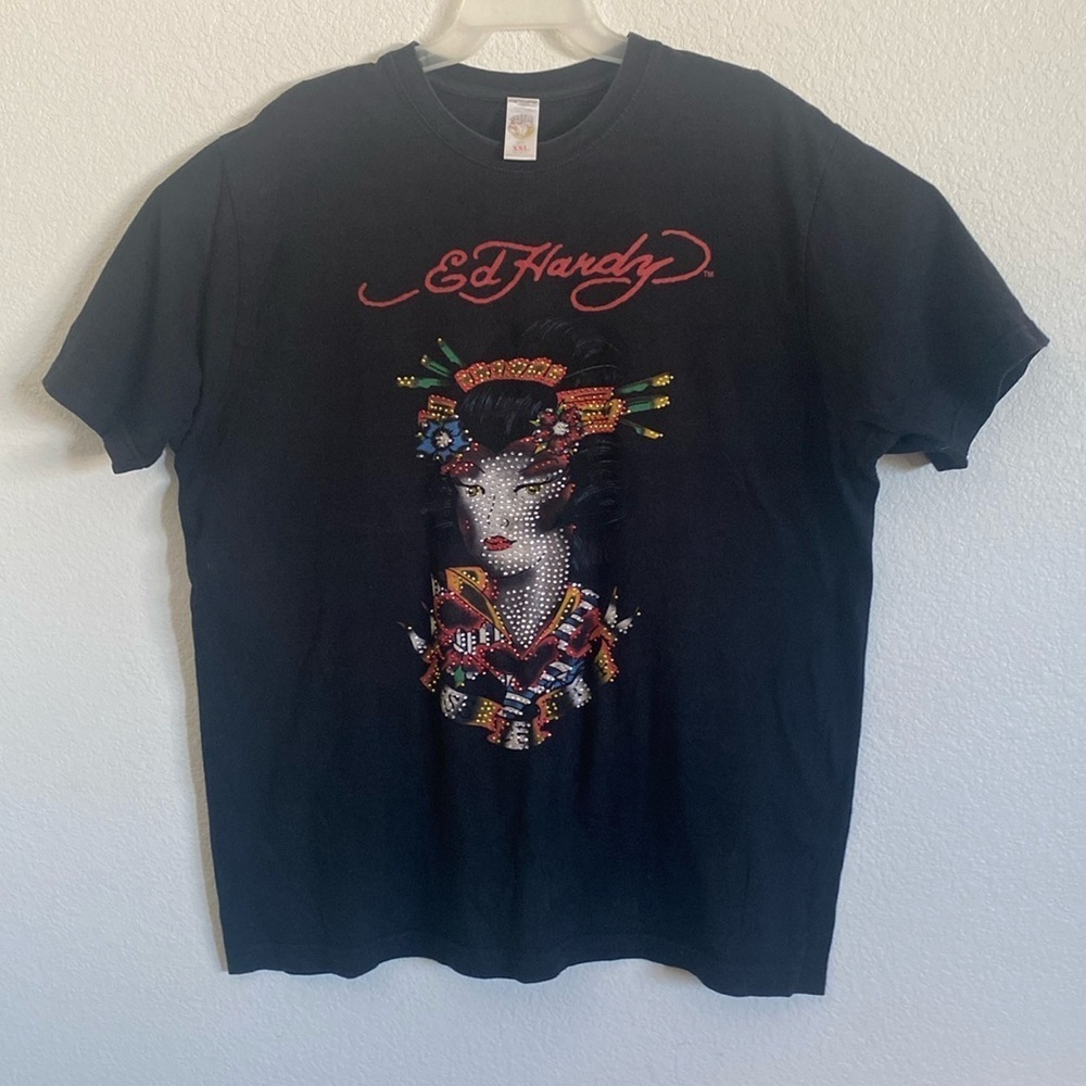 ED HARDY Vintage Geisha Kiss of Death Black Cotton T Shirt Size XXL. Made in USA
